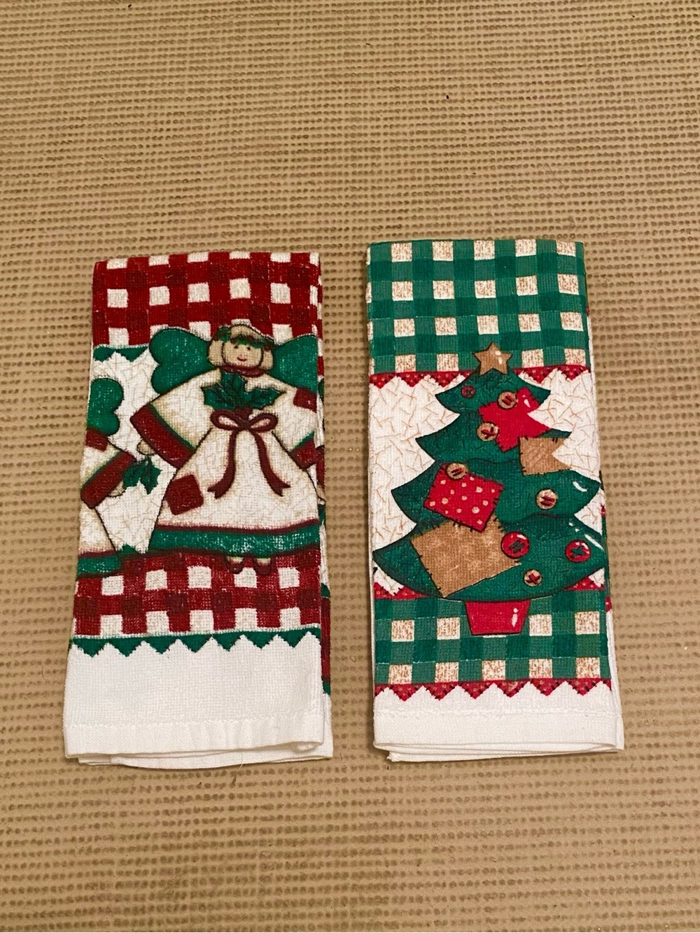 Be & D Green and Red Holiday Plaid Kitchen Towels with Tree and Angel Appliqués